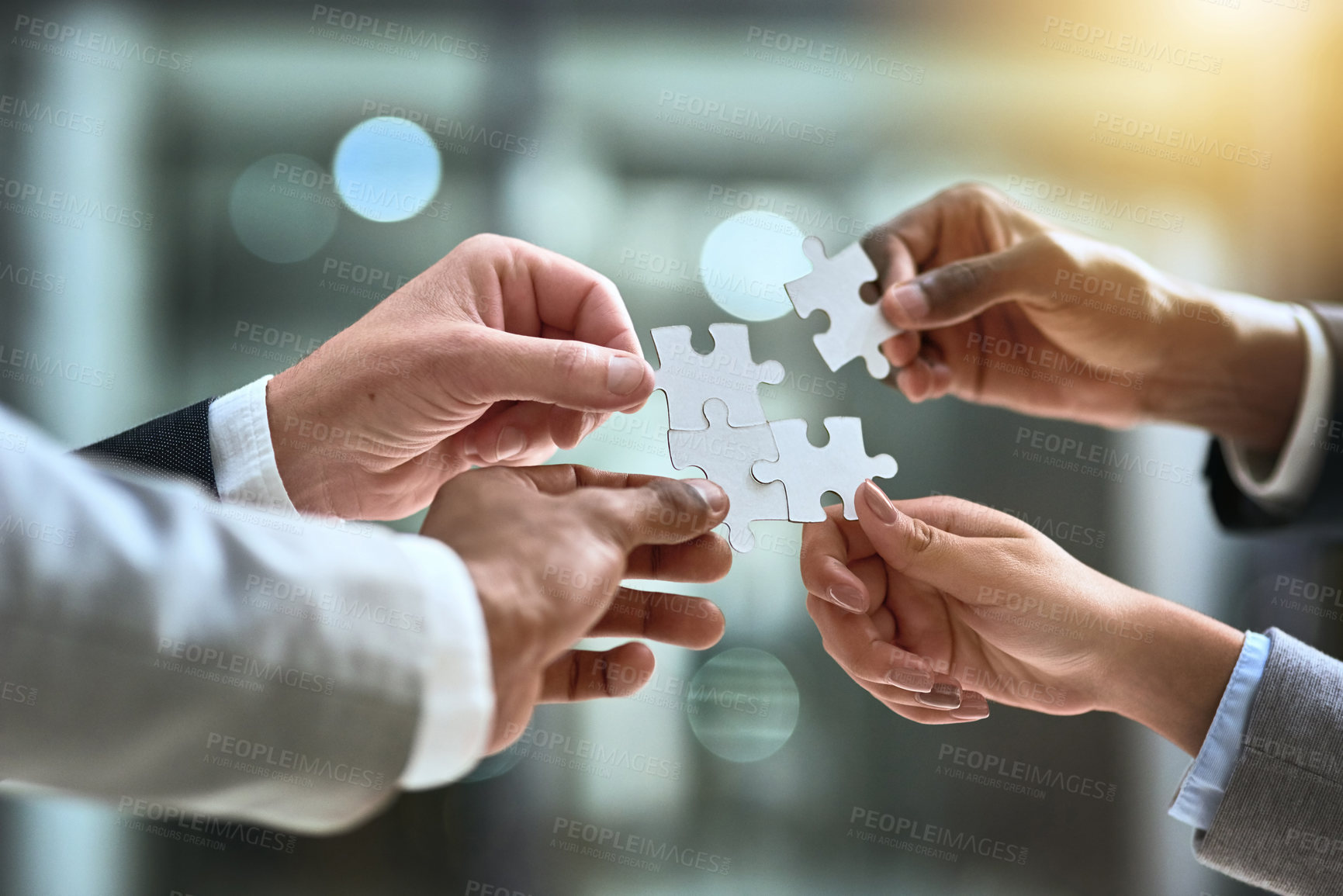 Buy stock photo Solution, puzzle and group of people hands for business goals, project integration and workflow or success. Team building, progress and development of person problem solving, synergy or collaboration