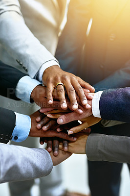 Buy stock photo Hands stacked, business and group of people for support, target or teamwork, collaboration goals and diversity. Circle, solidarity and corporate person or employees together sign, success and mission