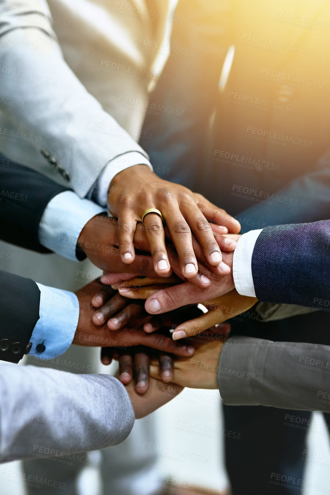 Buy stock photo Hands stacked, business and group of people for support, target or teamwork, collaboration goals and diversity. Circle, solidarity and corporate person or employees together sign, success and mission