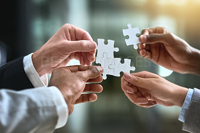 Buy stock photo Puzzle, business hands and group of people for solution, teamwork and goals, integration or workflow success. Team building, games and development of person problem solving, synergy or collaboration
