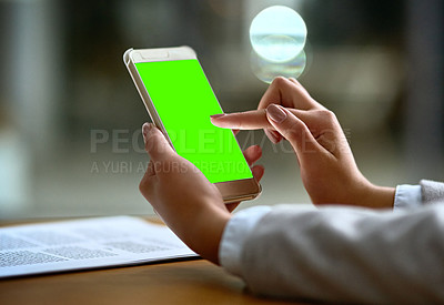 Buy stock photo Green screen, phone and woman hands for business communication, mobile app and mockup search at night. Online space, typing and professional person, social media, networking or internet chat mock up