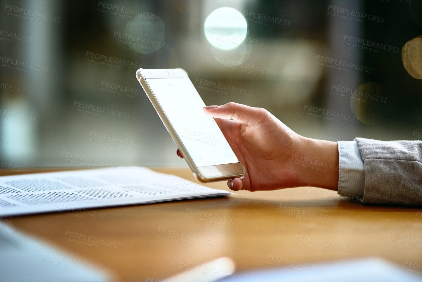 Buy stock photo Phone screen, mockup and man hands for business communication, mobile app and website or search at night. Cellphone, contact and corporate person with connection, networking and chat mock up space