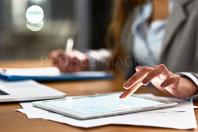 Buy stock photo Business woman, tablet and screen for planning, legal research and writing documents at night. Typing, scroll and professional person or lawyer hands on digital tech, policy paperwork and job report