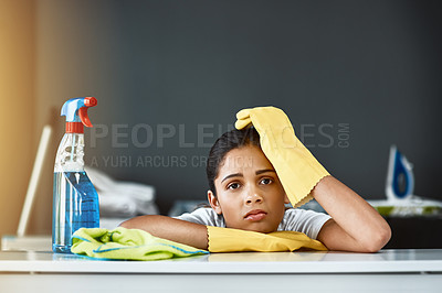 Buy stock photo Portrait, woman and bored of cleaning in home with weekend chores, maintenance and cloth. Maid girl, hygiene and fatigue for housekeeping service with work break, burnout and tired in apartment