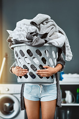 Buy stock photo Laundry, hands and woman with basket in her home for housework, washing and hygiene. House, cleaning and female carrying fresh fabric for spring clean, clothes and household task on the weekend