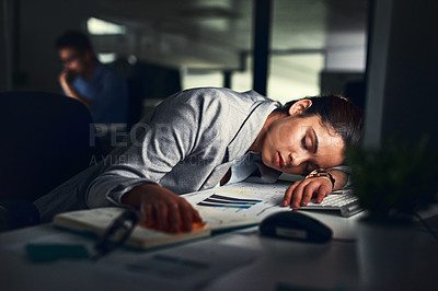 Buy stock photo Woman, sleeping and night office for business, statistical analyst and resting in dark workplace. Tired, exhausted and overtime for compliance or audit preparation, professional and eyes closed

