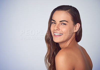 Buy stock photo Skincare, beauty and portrait of woman in studio with natural, cosmetic and facial routine for confidence. Smile, health and female person with face dermatology treatment by gray background mockup.