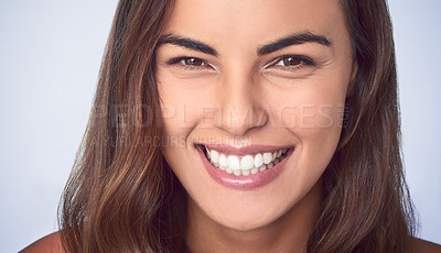 Buy stock photo Happy woman, portrait or face in studio for dental care, teeth whitening or confidence. Girl, smile or oral hygiene on background with veneers, natural cosmetic or luxury treatment for aesthetic