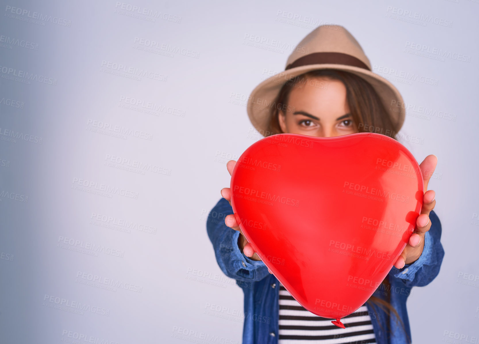 Buy stock photo Woman, portrait and balloon with heart in studio for romance, gratitude and symbol of love. Gift, offer and person with shape by mockup space on white background for kindness, emoji and support