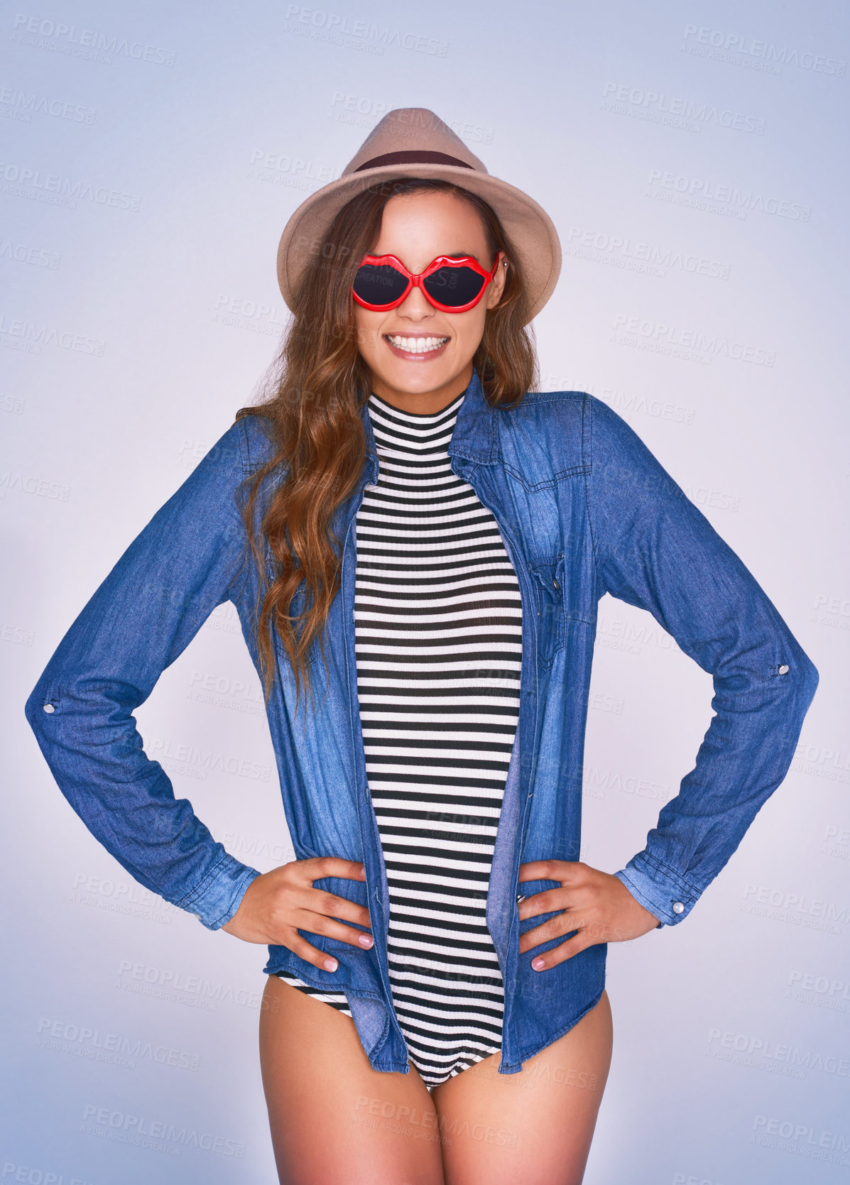 Buy stock photo Fashion, woman and peace sign with sunglasses in studio of retro clothes, vintage aesthetic and trendy accessories. Girl, smile and lips glasses with v icon of funky outfit style on purple background