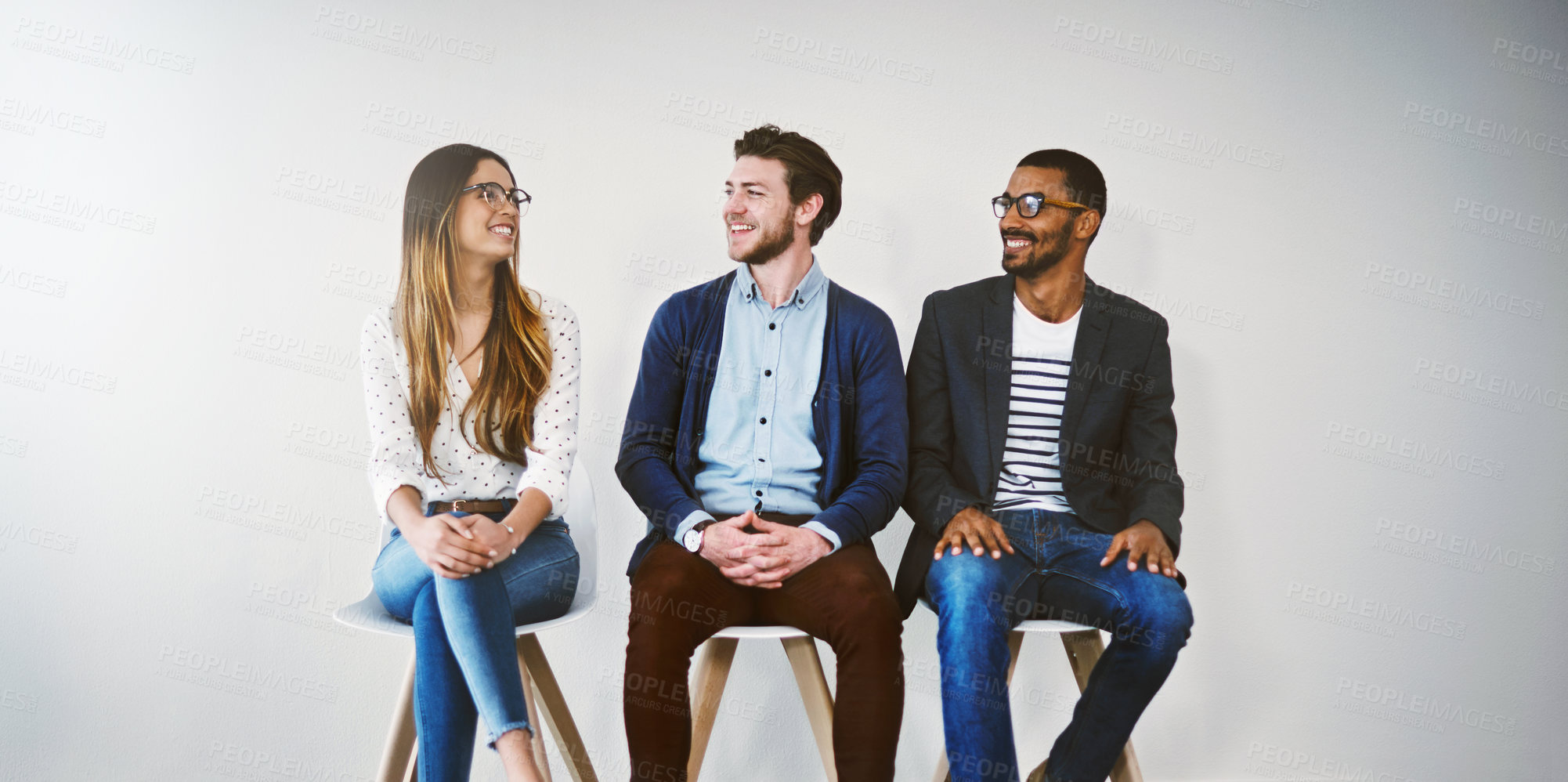 Buy stock photo Row, chair and group in waiting room, smile and professional in business, recruitment and talking. Appointment, applicant and people in line, job interview and process of hiring and onboarding