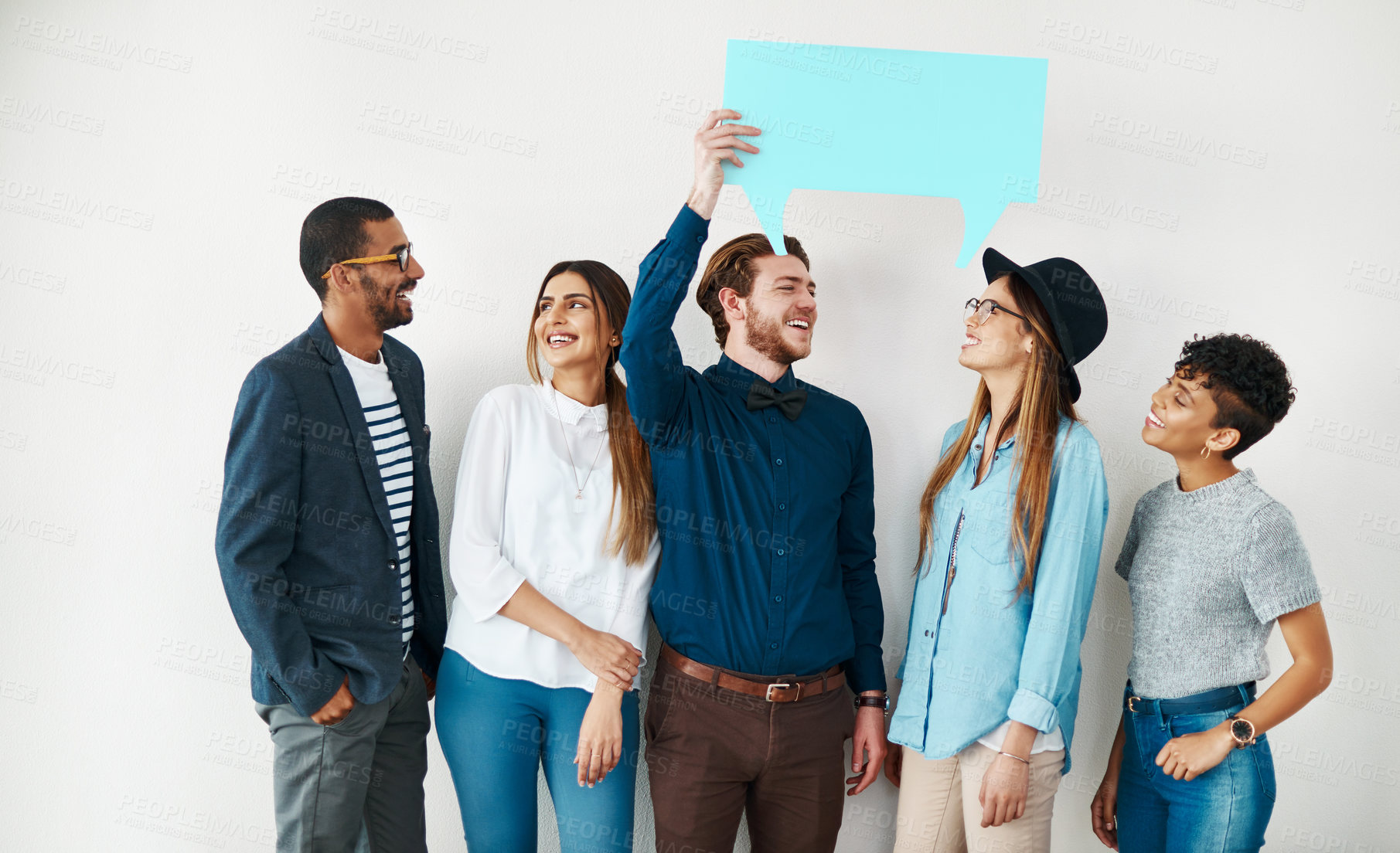 Buy stock photo Mock up space, recruitment and speech bubble with business people in studio for advertising or marketing. Opportunity, smile or voice with man and woman employee group in office for communication