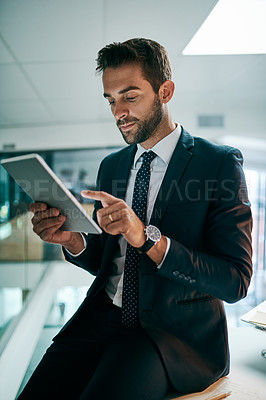 Buy stock photo Office, thinking and businessman with tablet, online and planning for economic trends or professional. Confident, stockbroker and contemplating for political events, market volatility or stock prices