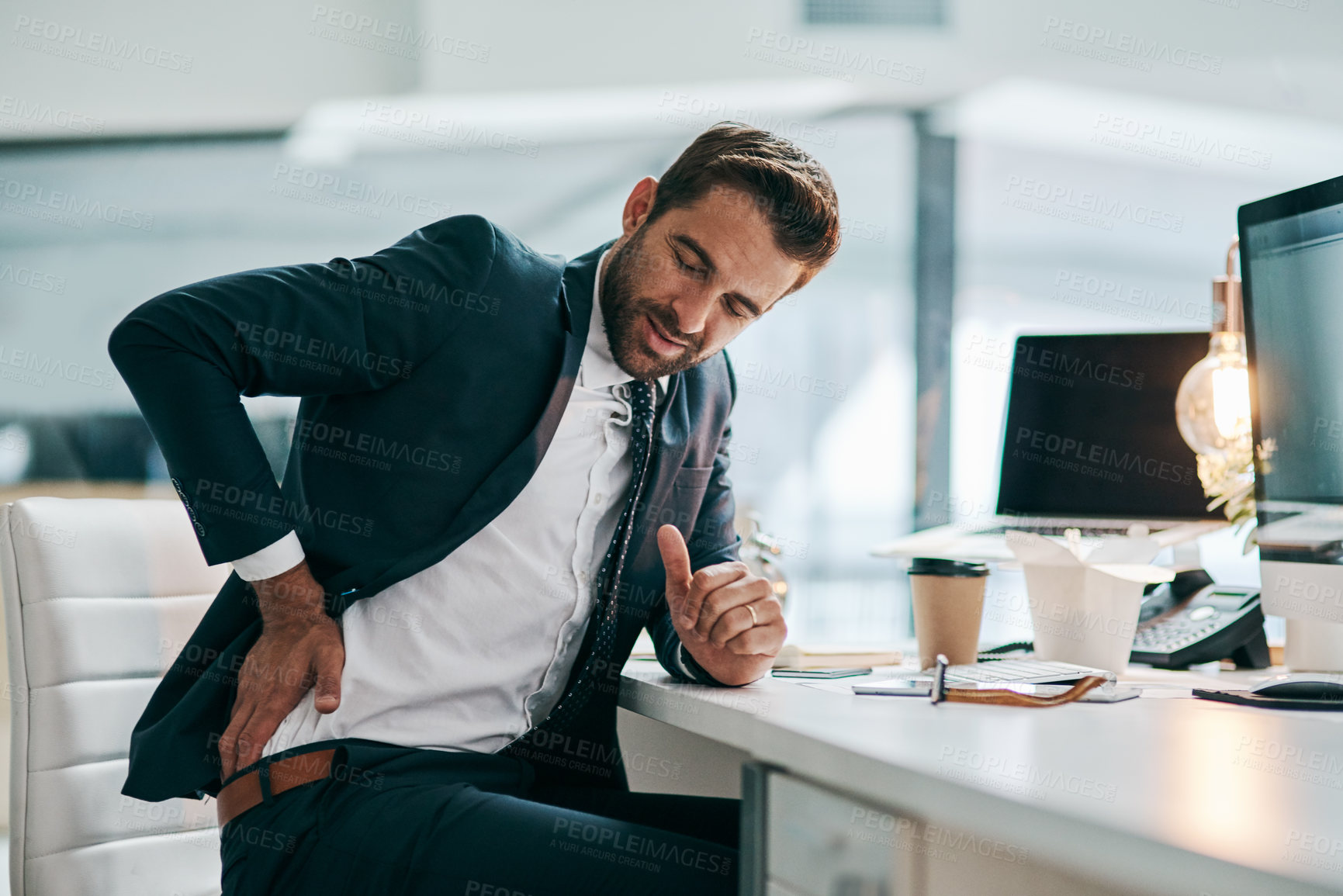 Buy stock photo Business man, back pain and office with burnout, stress and late work for lawyer brief deadline. Law firm, professional and injury from desk job with spine pressure and hurt from inflammation