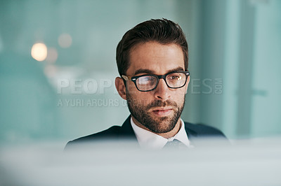 Buy stock photo Office, thinking and businessman with ideas, glasses and planning for economic trends and professional. Confident, stockbroker and contemplating for political events, market volatility and stocks