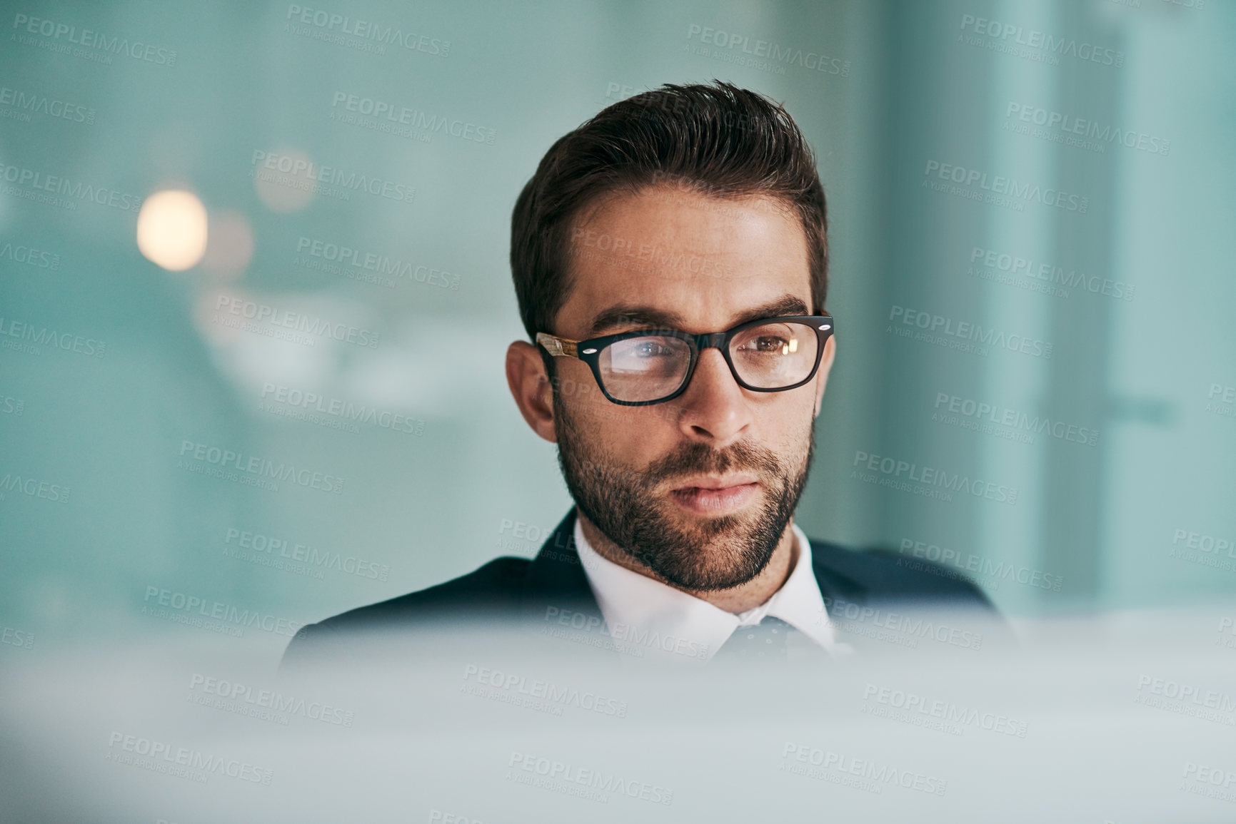 Buy stock photo Office, thinking and businessman with ideas, glasses and planning for economic trends and professional. Confident, stockbroker and contemplating for political events, market volatility and stocks