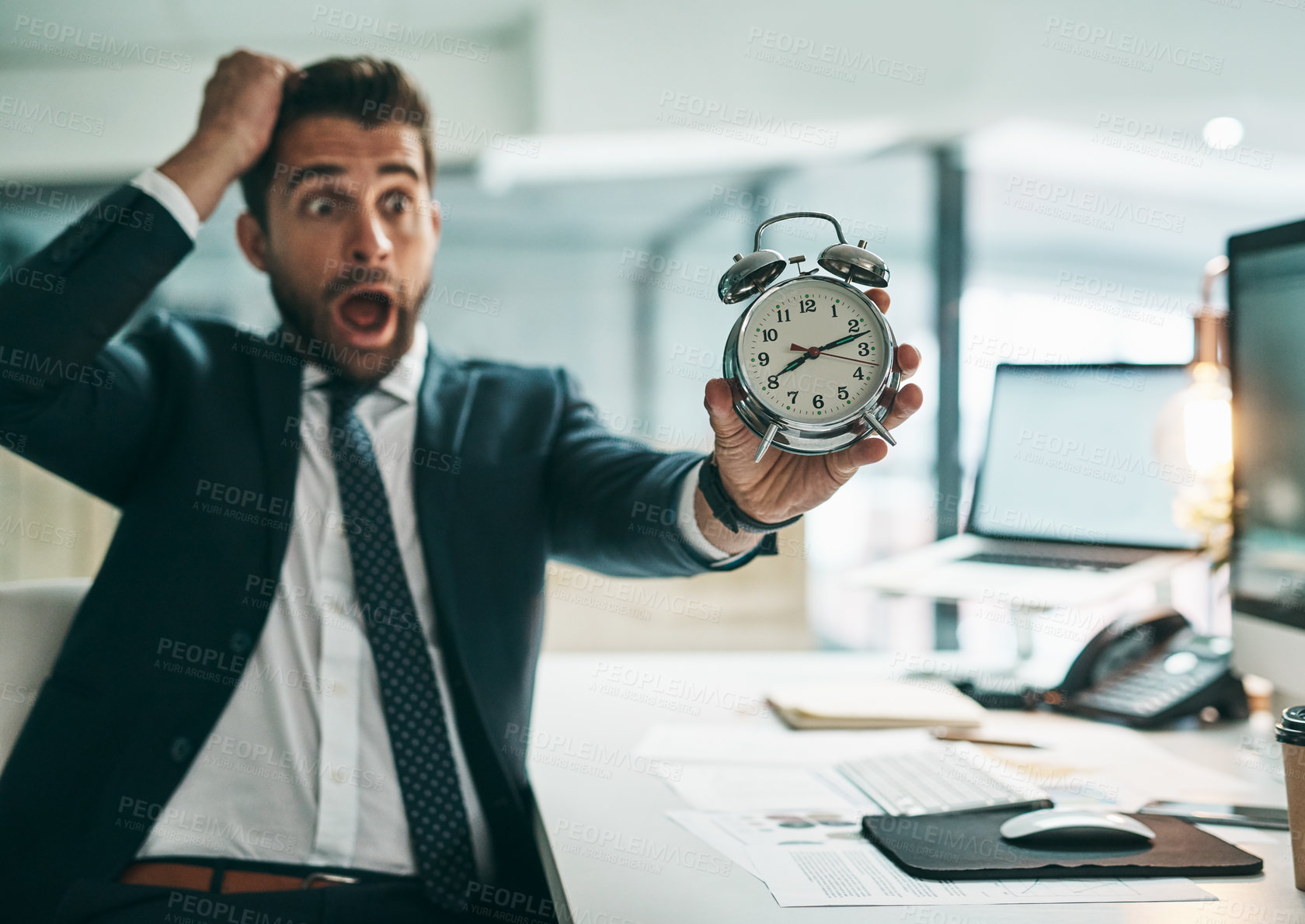 Buy stock photo Business man, clock and time management in office for deadline, punctual and busy schedule. Shocked person, broker and overtime working at desk with alarm, reminder and timer for goals and agenda