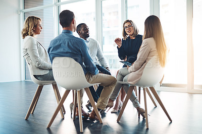 Buy stock photo Mentor, team building and workshop with business people in office for support, training or equality. Coaching, collaboration and development with employees in circle for communication and mission