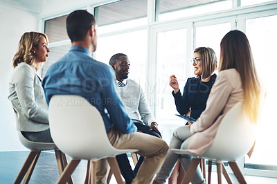 Buy stock photo Mentor, team building and support with business people in office for meeting, training or workshop. Coaching, collaboration and development with employees in circle for communication and mission