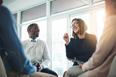 Buy stock photo Mentor, workshop and support with business people in office for meeting, training or equality. Team, collaboration and development with employees in circle for communication and mission together