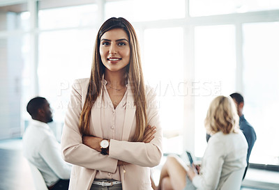 Buy stock photo Arms crossed, portrait and smile of business woman in office boardroom for start of meeting. Collaboration, company and happy with confident corporate employee person in professional workplace