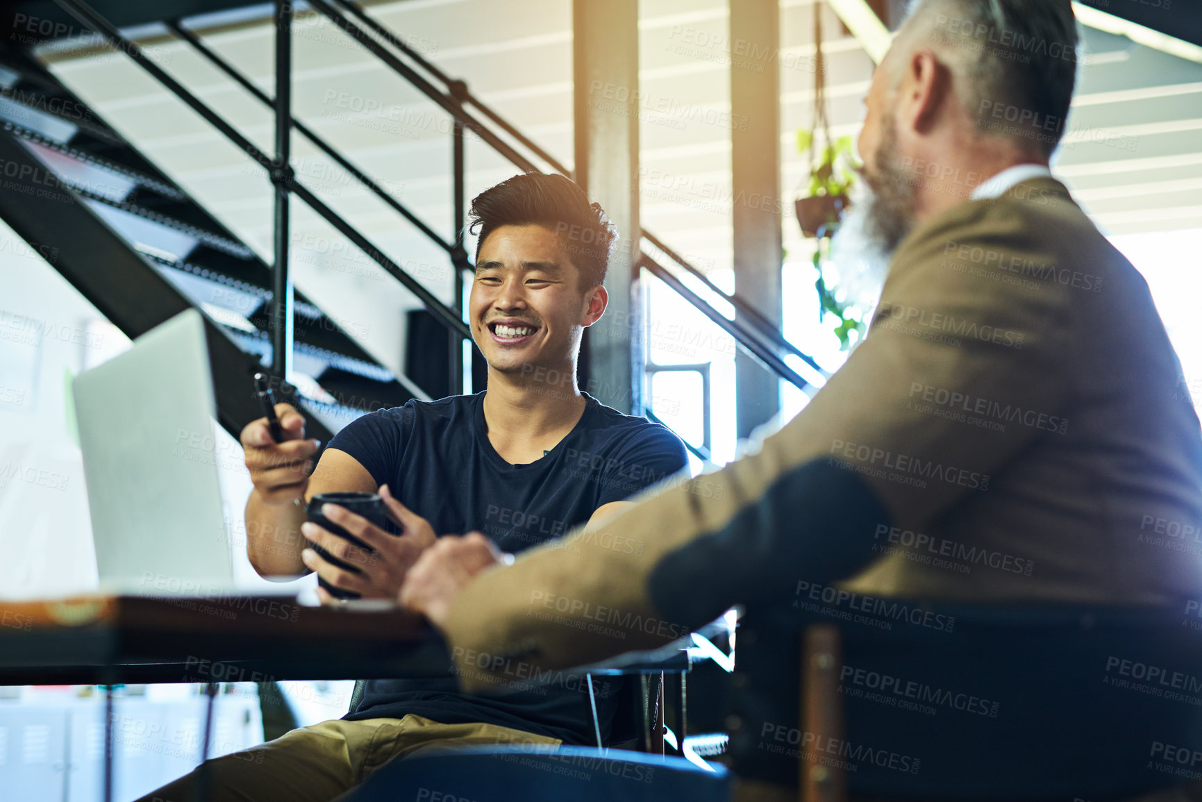 Buy stock photo Laptop, talking or business people consulting in meeting for sales discussion, conversation or teamwork. Smile, review or happy men planning in collaboration for feedback report, good news or project