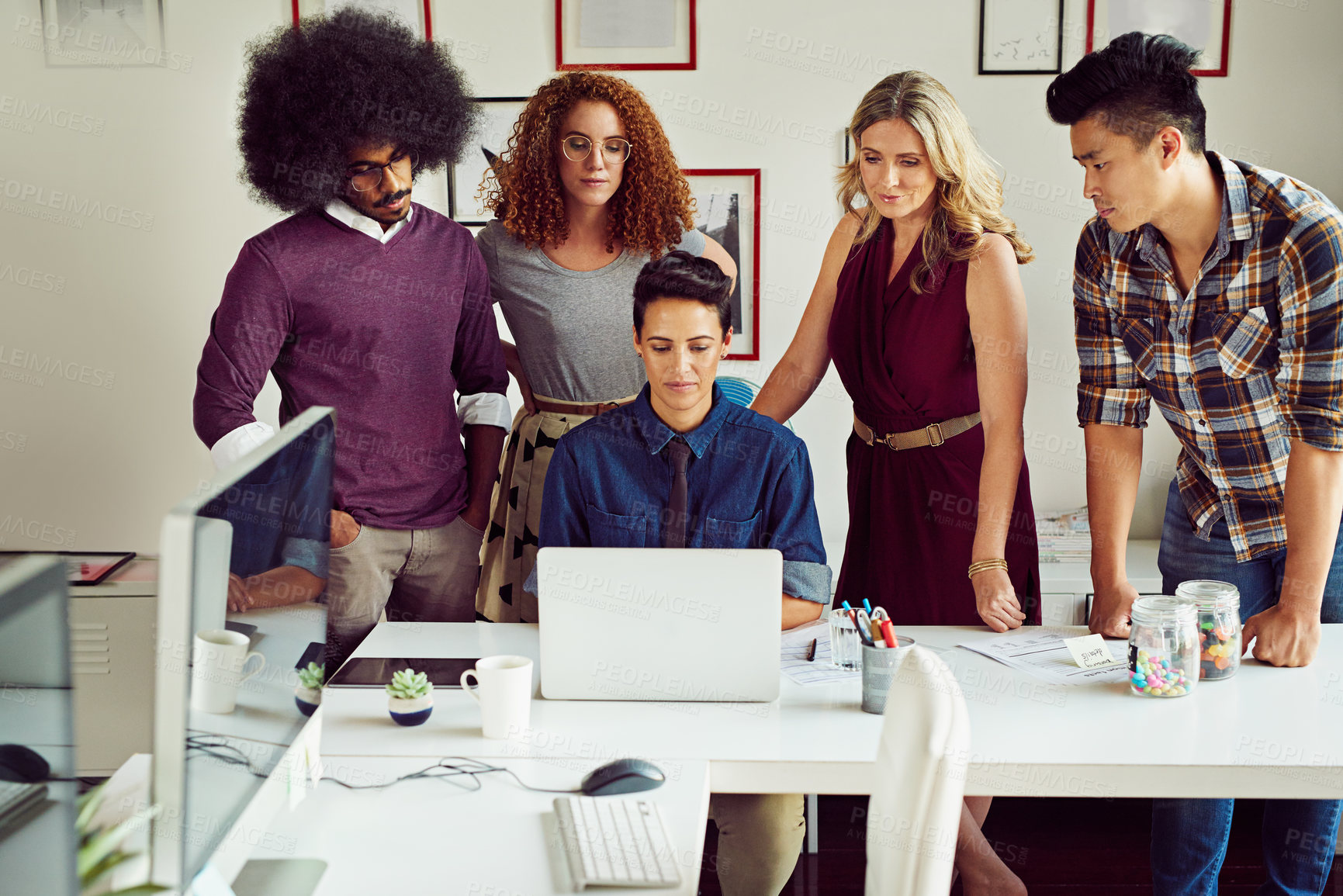 Buy stock photo Business people, training and meeting with laptop in office for discussion, collaboration and article research. Happy, creative team and diversity with technology for copywriting, review and feedback