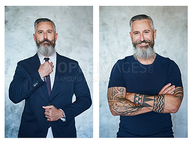 Buy stock photo Composite studio portrait of a confident middle aged man wearing a suit and standing with his arms folded against a grey background