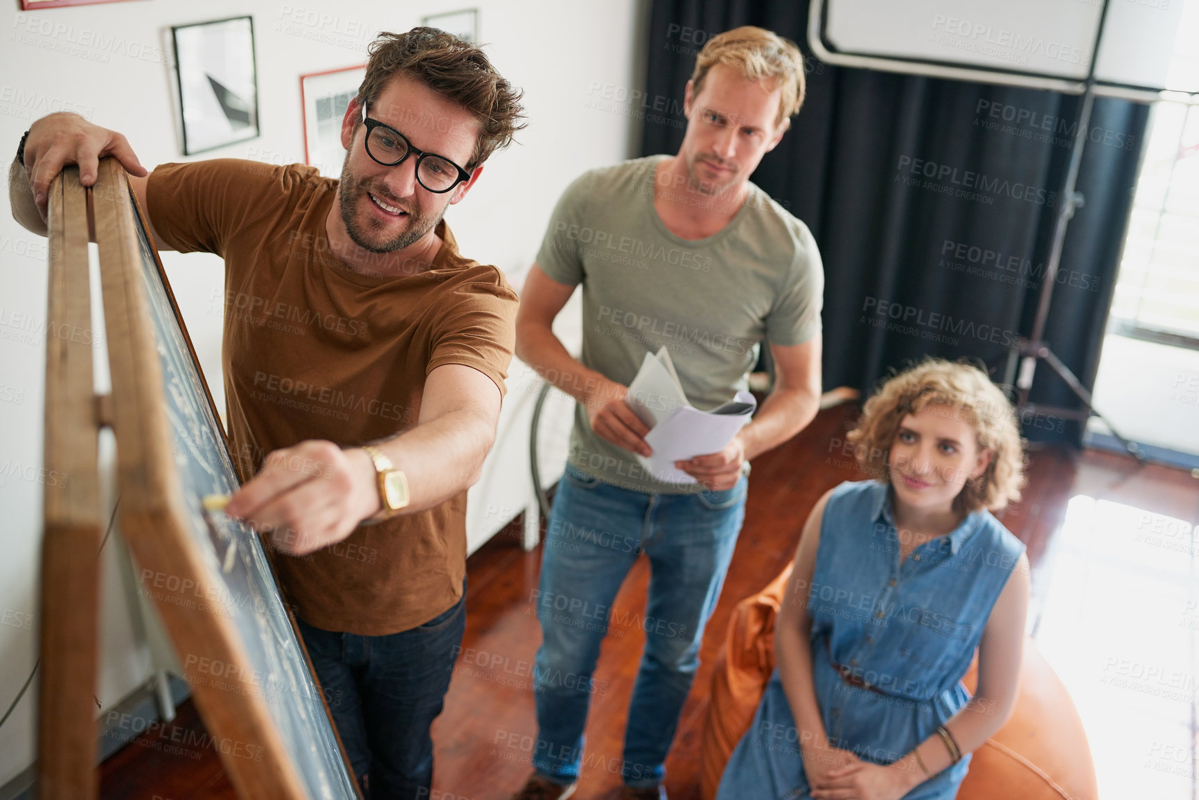 Buy stock photo Company, planning and business people with board in meeting for development, proposal or sales ideas. Top view, employee and team with discussion in workshop for office, kpi growth and project review