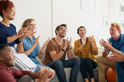 Buy stock photo Business, people and happy at office with applause for success or achievement on project as digital marketer. Employees, coworking and smile with clapping hands for teamwork and collaboration