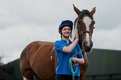 Buy stock photo Shot of a young girl and her horse outdoors