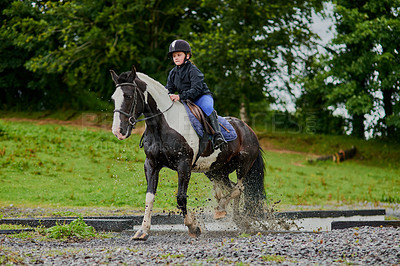 Buy stock photo Girl, horse and riding on farm for equestrian, development and learning with dirt or grass in nature. Teenager, animal and pet countryside for workout and fitness with training, exercise and helmet
