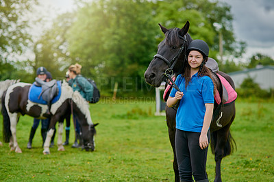 Buy stock photo Girl, horse and development in nature for equestrian, portrait and learning with bonding or connection. Teenager, animal and pet outdoor for riding, care and fitness with smile, exercise and helmet
