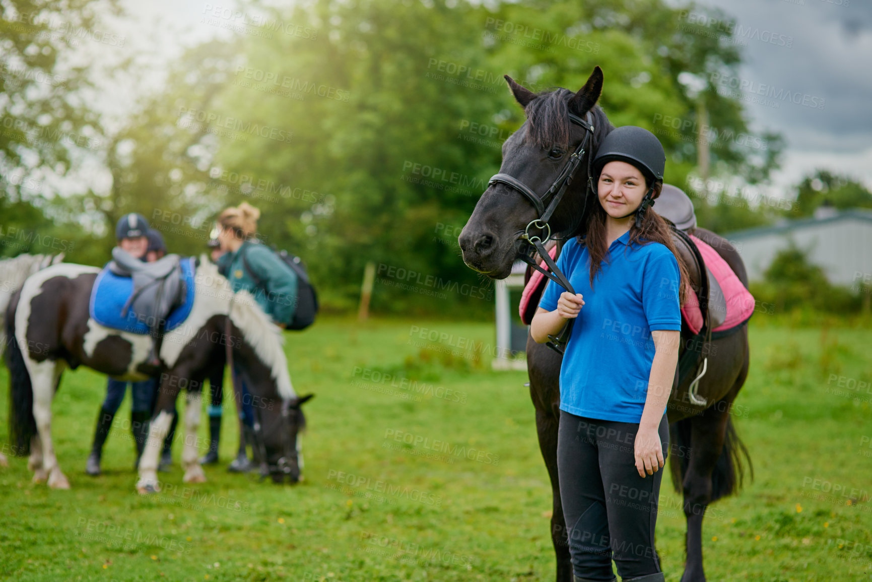 Buy stock photo Girl, horse and development in nature for equestrian, portrait and learning with bonding or connection. Teenager, animal and pet outdoor for riding, care and fitness with smile, exercise and helmet
