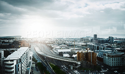 Buy stock photo Shot of Cape Town city under a cloudy sky