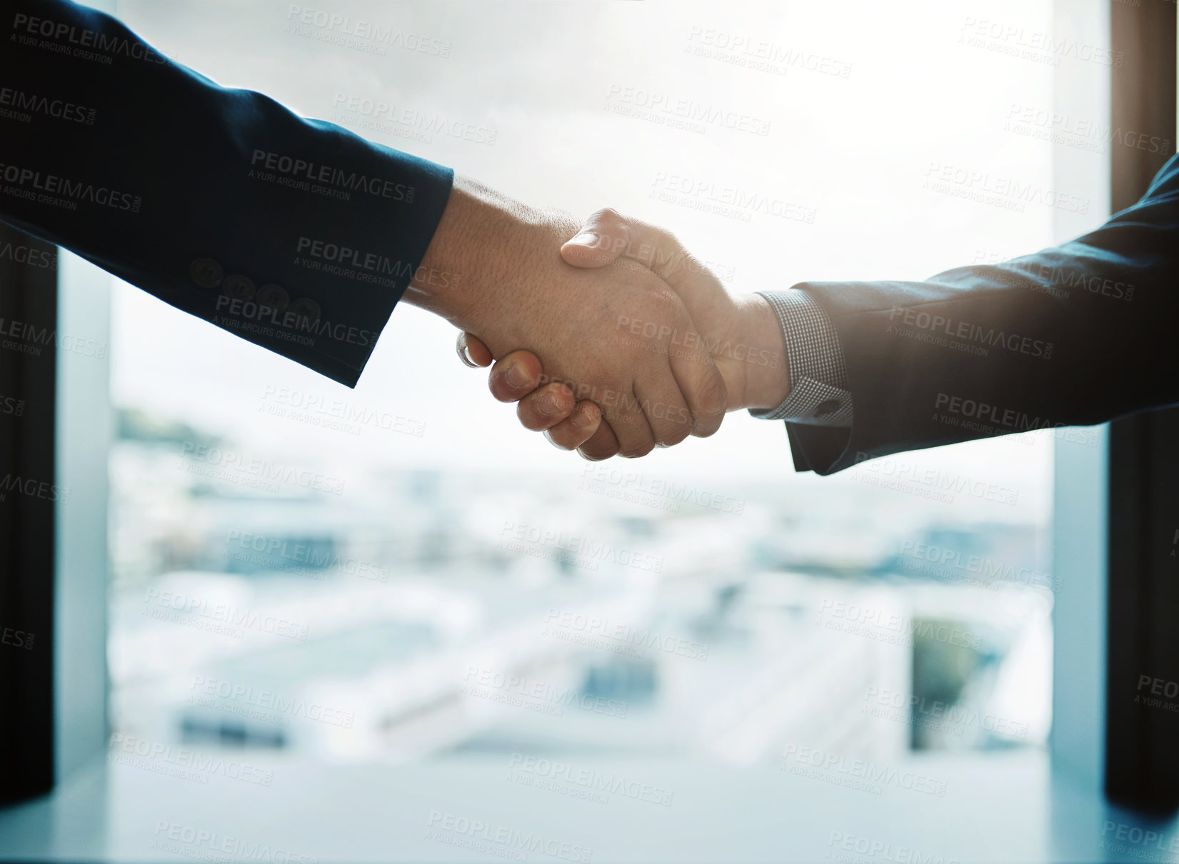 Buy stock photo Office, shaking hands and business people meeting at window for welcome, networking and onboarding agreement. Deal, handshake and together for partnership, support and opportunity for negotiation