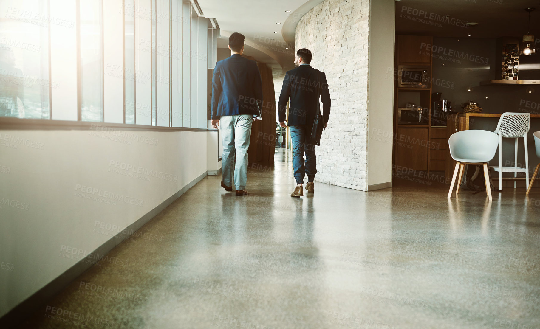 Buy stock photo Office, teamwork and back of business people for walking, discussion and professional career for corporate. Collaboration, employees and planning in lobby for meeting, morning or arrival in workplace