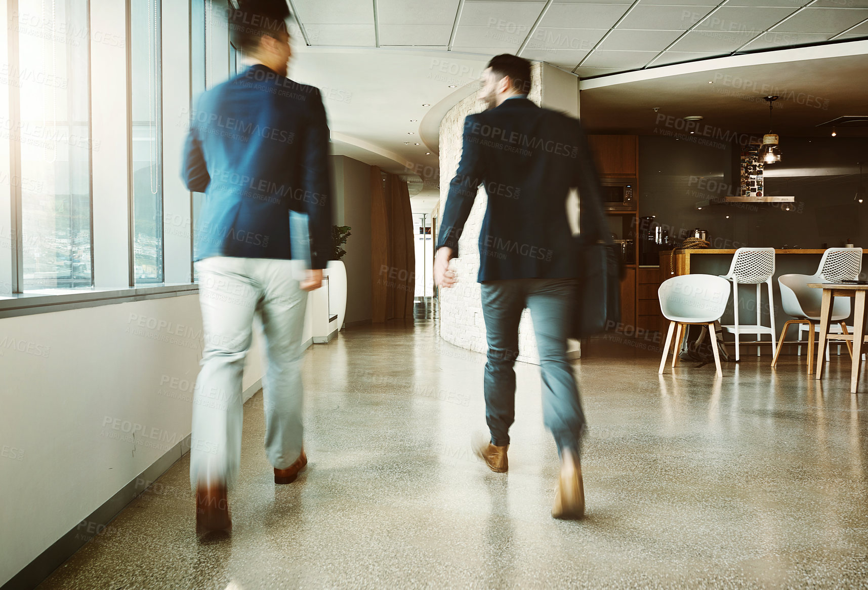 Buy stock photo Office, motion blur and back of business people for walking, discussion and professional career for corporate. Teamwork, employees and talking in lobby for project, morning and arrival in workplace