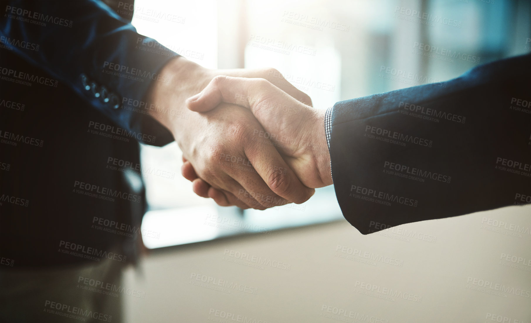 Buy stock photo Handshake, partnership and b2b with business men in the office for agreement, deal or company merger. Meeting, interview or welcome with people greeting at work in collaboration or to say thank you