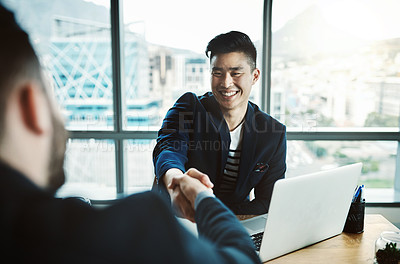 Buy stock photo Office, handshake and business people with laptop, smile and networking for onboarding agreement. B2b deal, introduction and happy man shaking hands with client in meeting, partnership and support