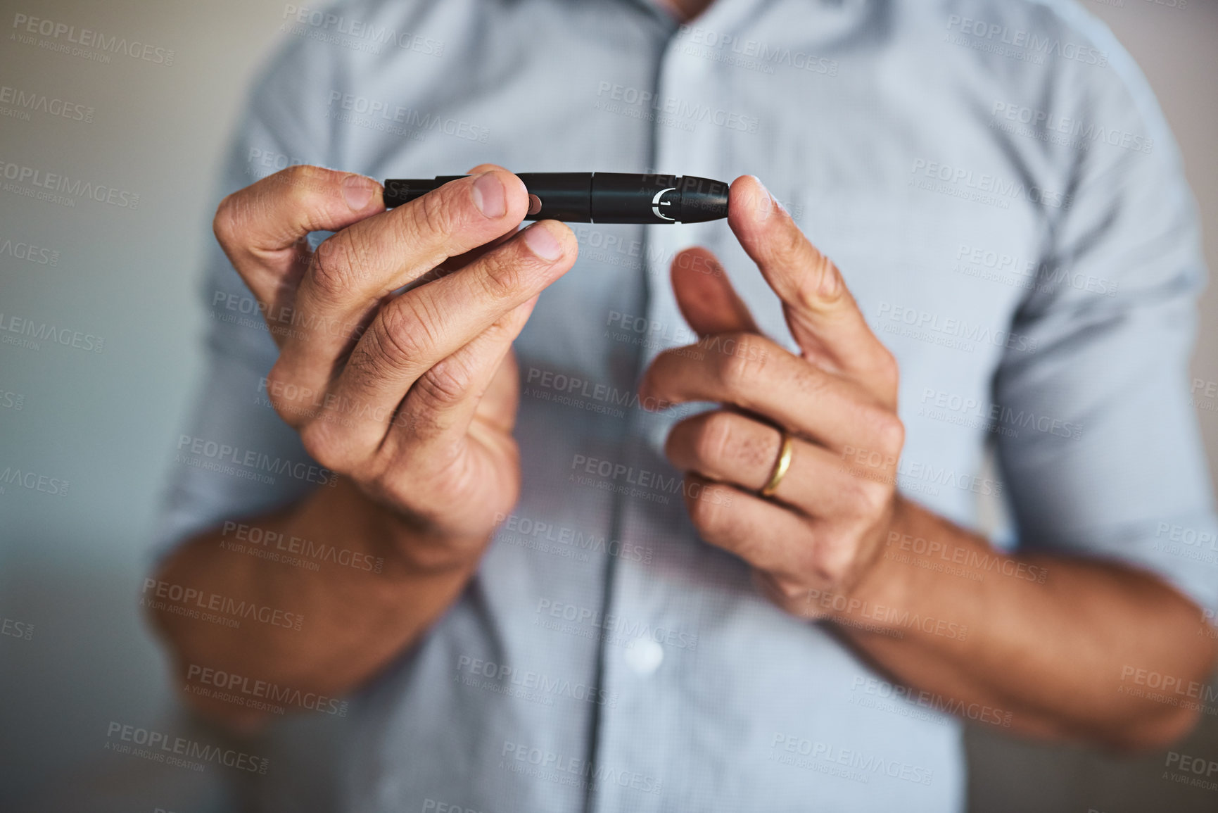 Buy stock photo Hands, diabetes and insulin injection with a man closeup in his home for routine treatment of glucose. Health, wellness and blood sugar with a male diabetic taking a medical sample in his house