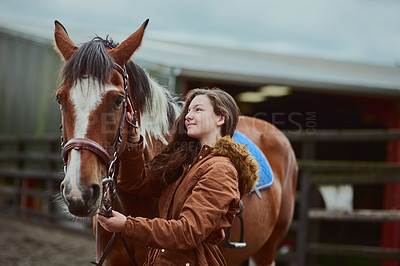 Buy stock photo Nature, walking and woman with horse on ranch for bonding with pet in sustainable environment. Smile, barn and female person with equestrian animal for training in outdoor farm by countryside.