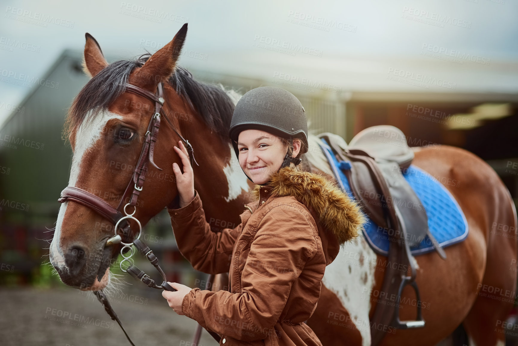 Buy stock photo Horse, smile and portrait of girl at farm to prepare for race, sport or training at countryside. Animal, face or equestrian ready for riding with pet for safety, care or teenager adjust reins outdoor