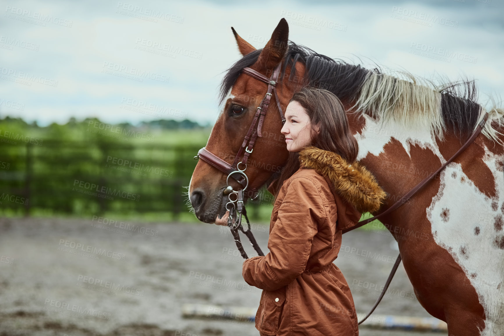 Buy stock photo Ranch, walking and woman with horse on farm for bonding with pet in sustainable environment. Smile, nature and female person with equestrian animal for training in outdoor field by countryside.