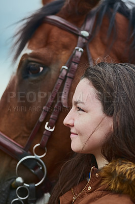 Buy stock photo Happy girl, horse and rider with animal for travel, adventure or outdoor agriculture at ranch in countryside. Young, female person or teenager with stallion or smile for mount, mare or riding steed