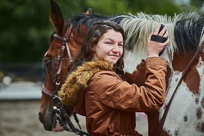 Buy stock photo Shot of a teenage girl brushing her pony's hair on a farm