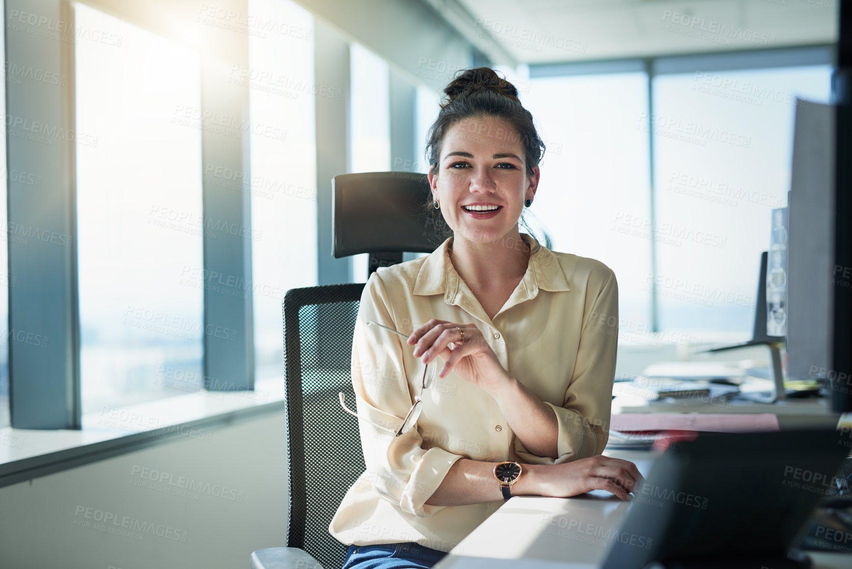 Buy stock photo Woman, glasses and desk with portrait, smile and window with sunlight in office for finance manager. Accountant, budget and bookkeeping for audit or tax in company, professional and female person