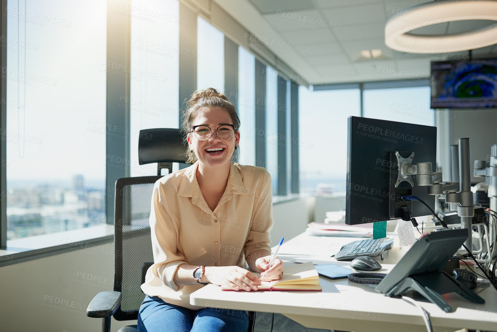 Buy stock photo Woman, notebook and desk with portrait, smile and pen with sunlight in office for finance manager. Accountant, budget and bookkeeping for audit or tax in company, professional and female person