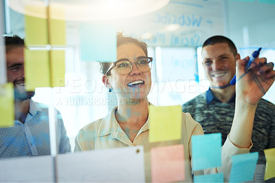 Buy stock photo Woman, writing and presentation with sticky notes in office for proposal, collaboration and teamwork. People, group and brainstorming for ideas, planning or project in creative agency for career