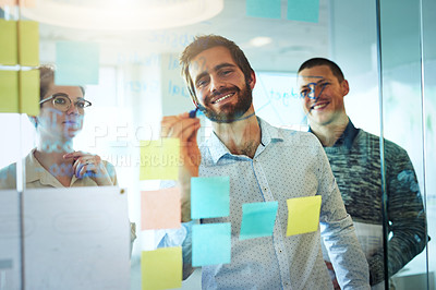 Buy stock photo Coworking, presentation and sticky notes with writing for proposal, collaboration and teamwork. Group of people, discussion and brainstorm for ideas, planning or project in creative agency for career